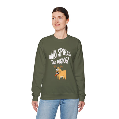 "Who Spiked the Eggnog?" Whimsical Holiday Crewneck Sweatshirt