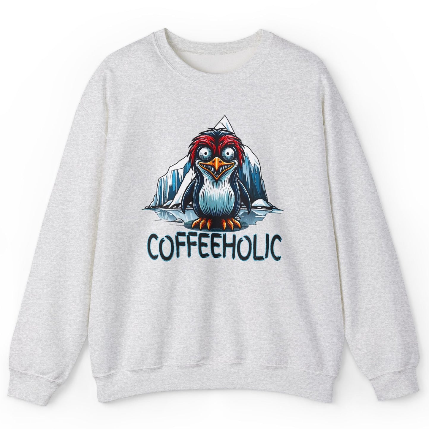 Gray sweatshirt with a cartoon penguin and 'COFFEEHOLIC' text on a white background