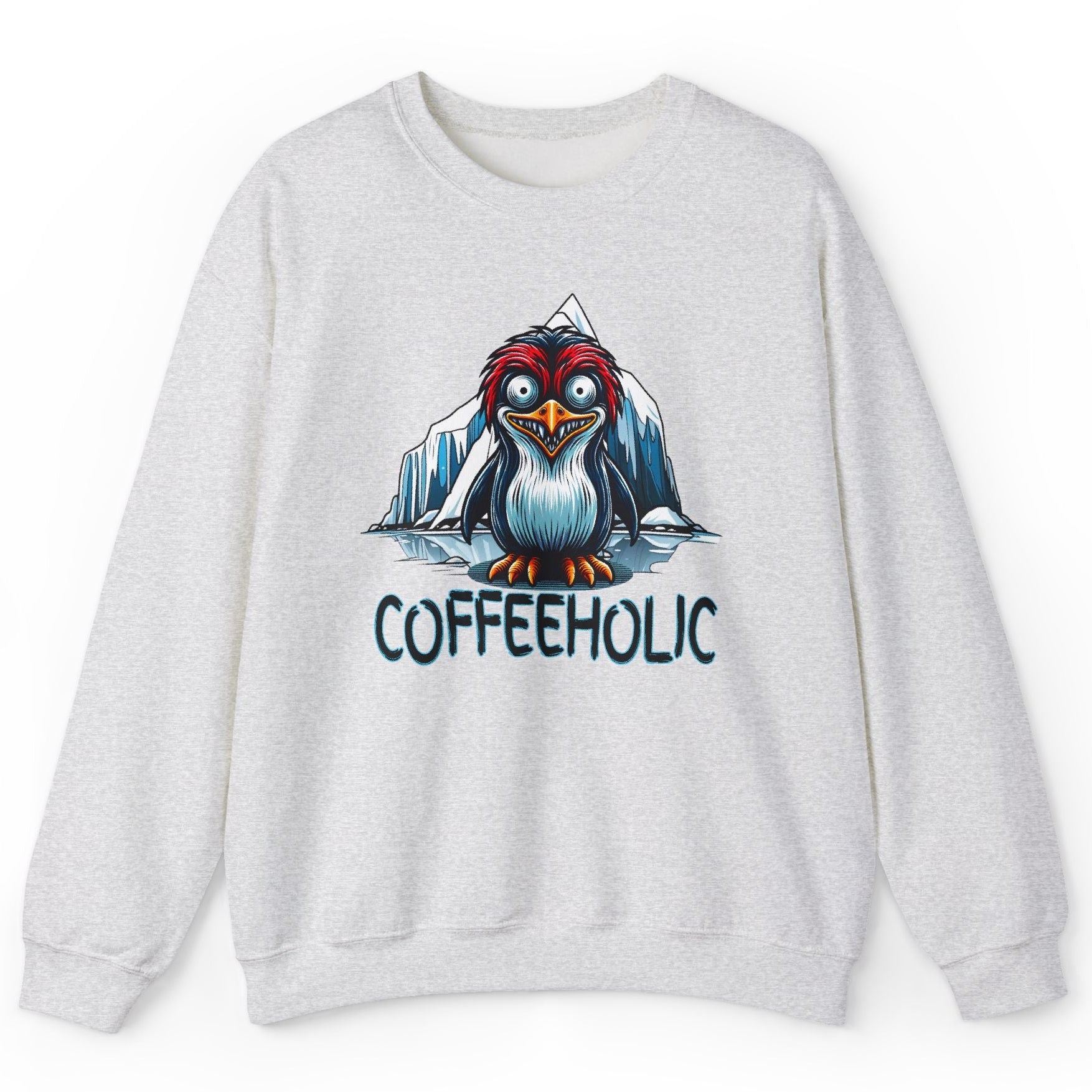 Gray sweatshirt with a cartoon penguin and 'COFFEEHOLIC' text on a white background