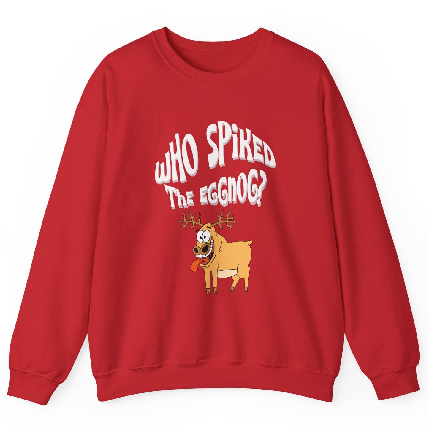 Red sweatshirt with cartoon reindeer and text on a white background at Java Good Coffee