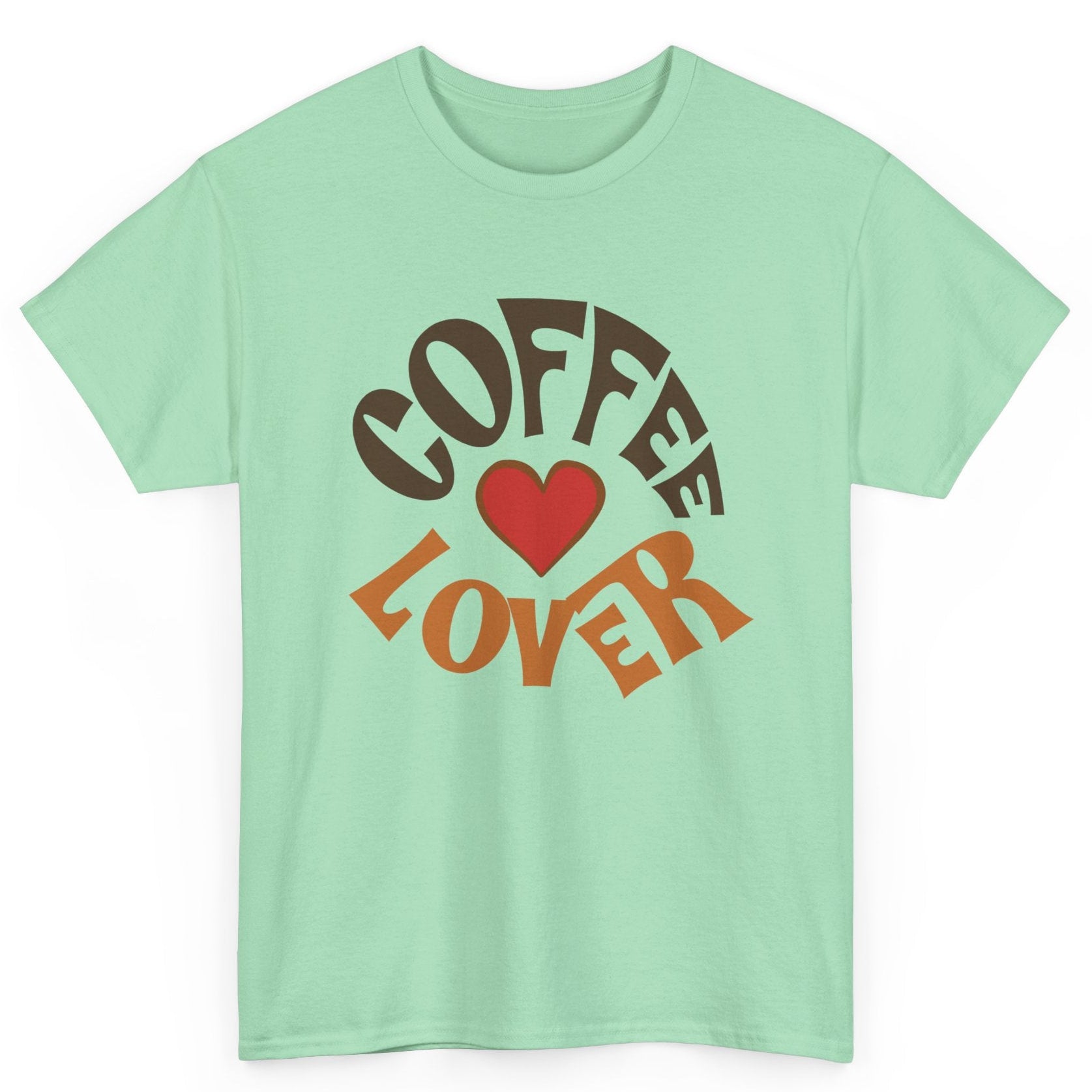Mint green t-shirt with 'Coffee Lover' text and heart design on a white background