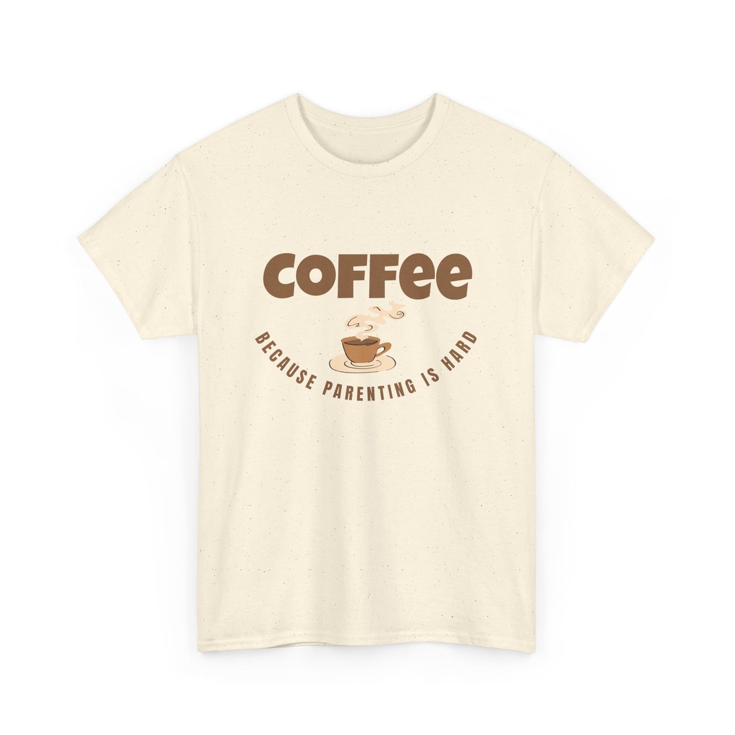 Beige t-shirt with 'Coffee because parenting is hard' text and graphic on a white background