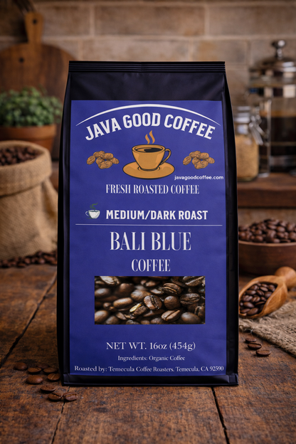 Java Good Coffee package on a wooden surface with coffee beans and a rustic background