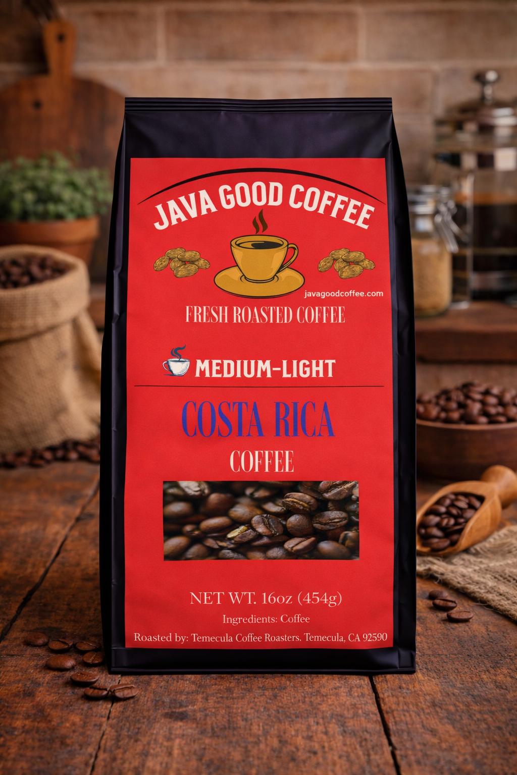 Java Good Coffee bag on a wooden surface with coffee beans and a coffee grinder in the background.