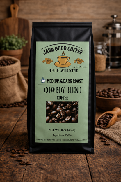 Java Good Coffee Cowboy Blend package on a wooden surface with coffee beans and a coffee grinder in the background.