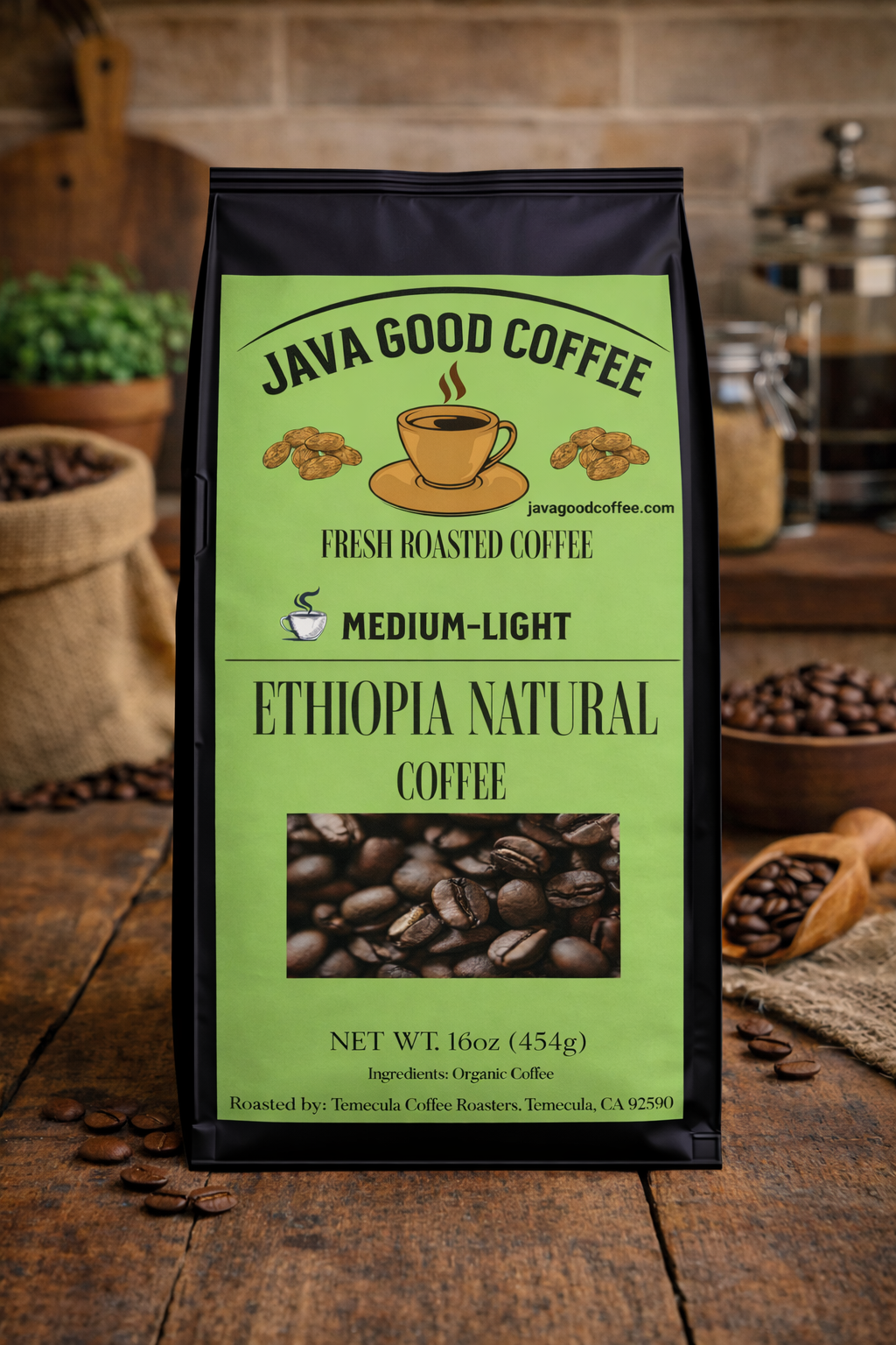 Java Good Coffee bag on a wooden surface with coffee beans and a rustic background