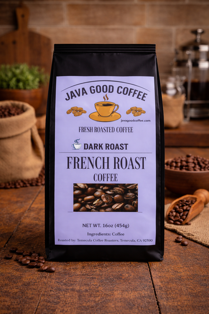 Java Good Coffee package on a wooden surface with coffee beans and a coffee grinder in the background.