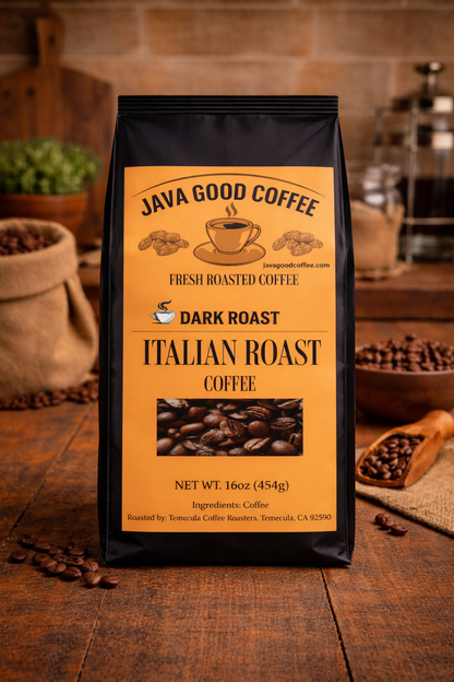 Java Good Coffee package on a wooden table with coffee beans and a rustic background
