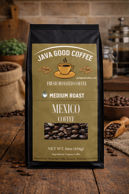 Java Good Coffee package with coffee beans and a grinder in the background