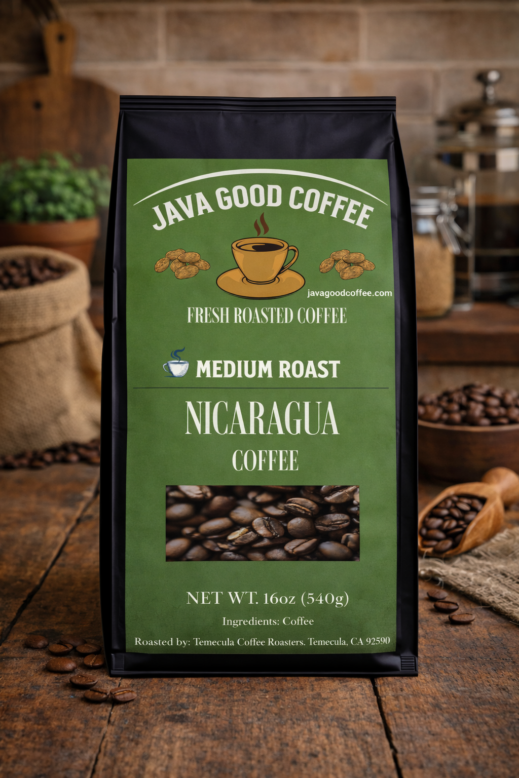 Java Good Coffee Nicaragua coffee bag on a wooden surface with coffee beans and a rustic background.