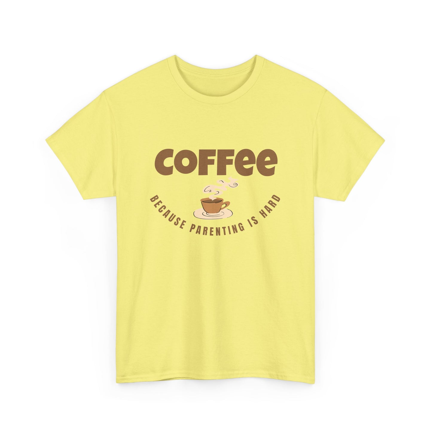 Yellow t-shirt with 'Coffee because parenting is hard' text and graphic on a white background