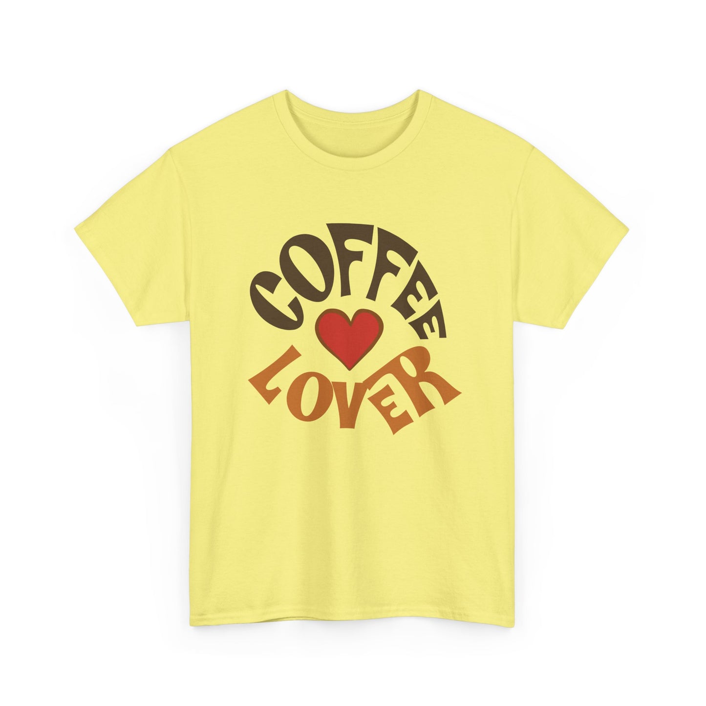 Yellow t-shirt with 'Coffee Lover' text and heart graphic on a white background