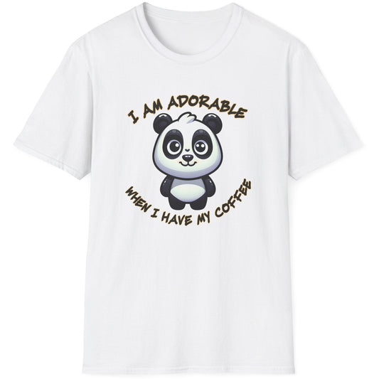 White t-shirt with a panda graphic and text on a white background