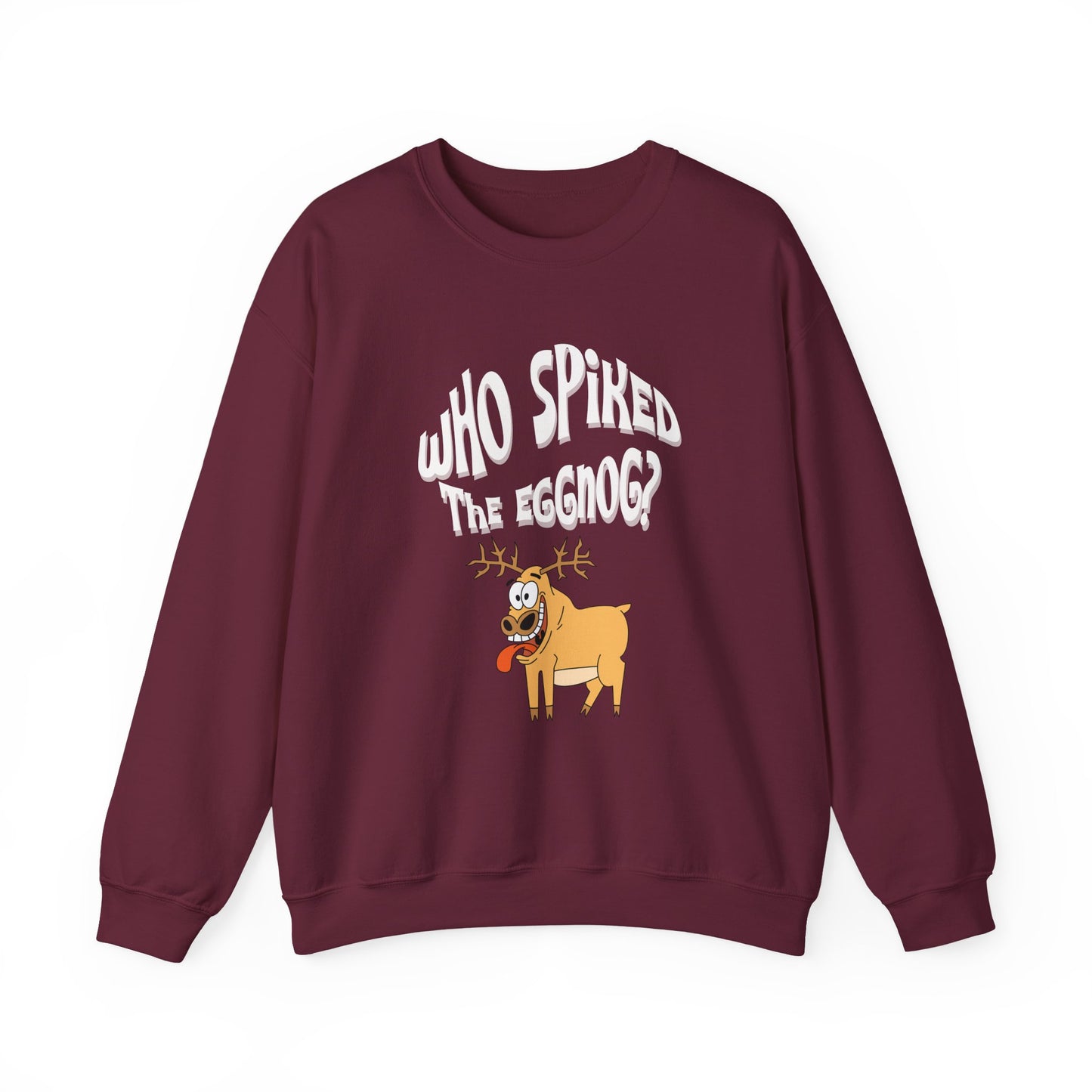 Maroon sweatshirt with cartoon reindeer and text on a white at background at Java Good Coffee