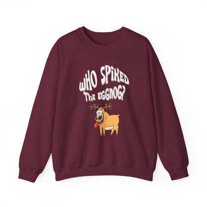 Maroon sweatshirt with cartoon reindeer and text on a white at background at Java Good Coffee