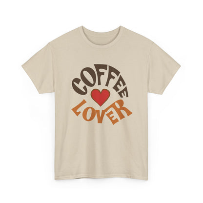 Beige t-shirt with 'Coffee Lover' text and heart graphic on a white background