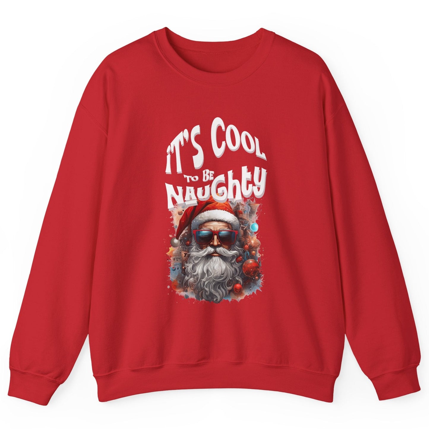 Red sweatshirt with a graphic of Santa Claus and text 'It's Cool to be Naughty' on a white background at Java Good Coffee