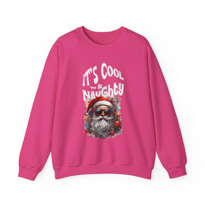 Pink sweatshirt with a graphic of a Santa Claus wearing sunglasses and the text 'It's Cool to be Naughty' on a white background at Java Good Coffee