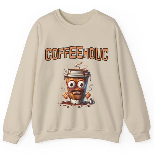 Beige sweatshirt with a cartoon coffee cup character and 'COFFEEHOLIC' text on a white background