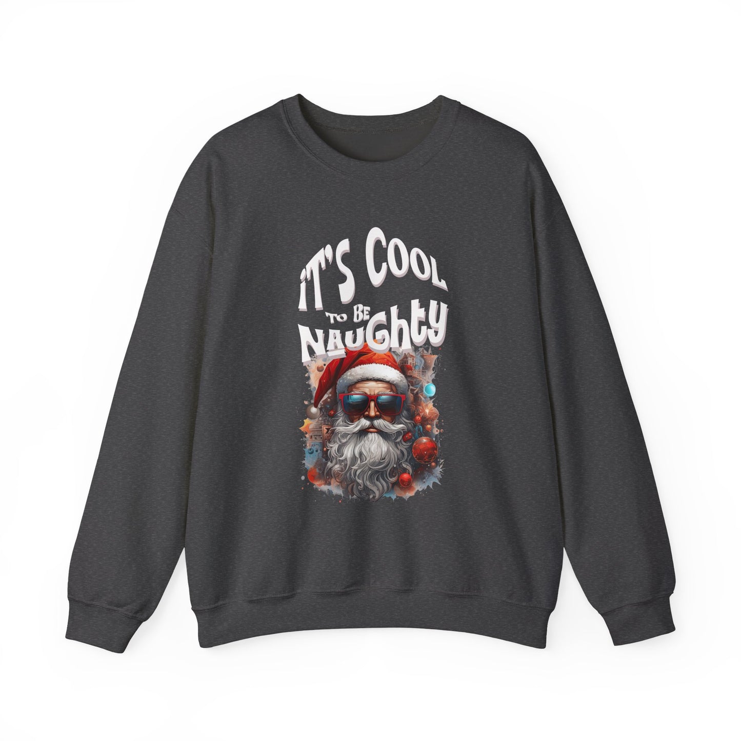Black sweatshirt with a graphic of Santa Claus and text 'It's Cool to be Naughty' on a white background at Java Good Coffee