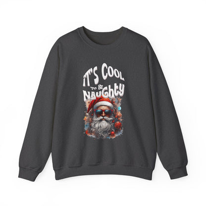 Black sweatshirt with a graphic of Santa Claus and text 'It's Cool to be Naughty' on a white background at Java Good Coffee