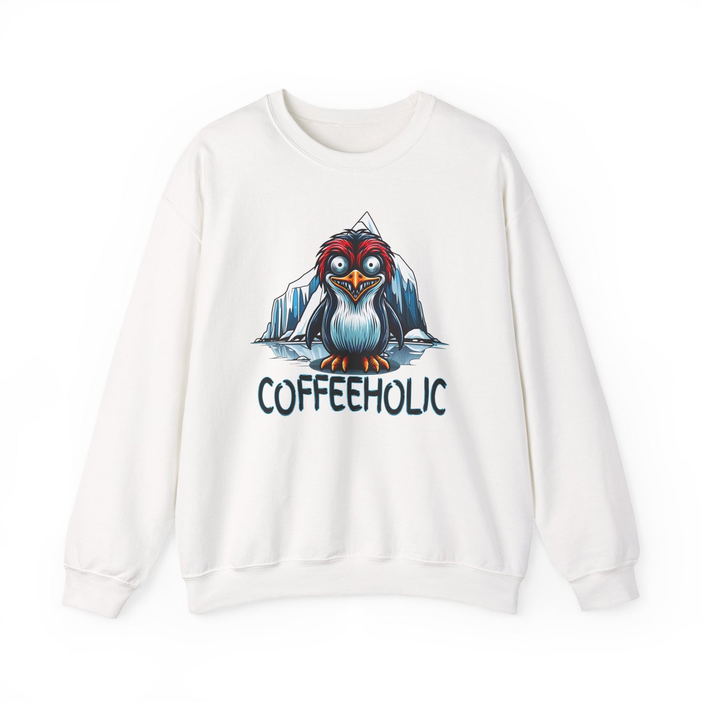 White sweatshirt with a penguin graphic and 'COFFEEHOLIC' text on a white background