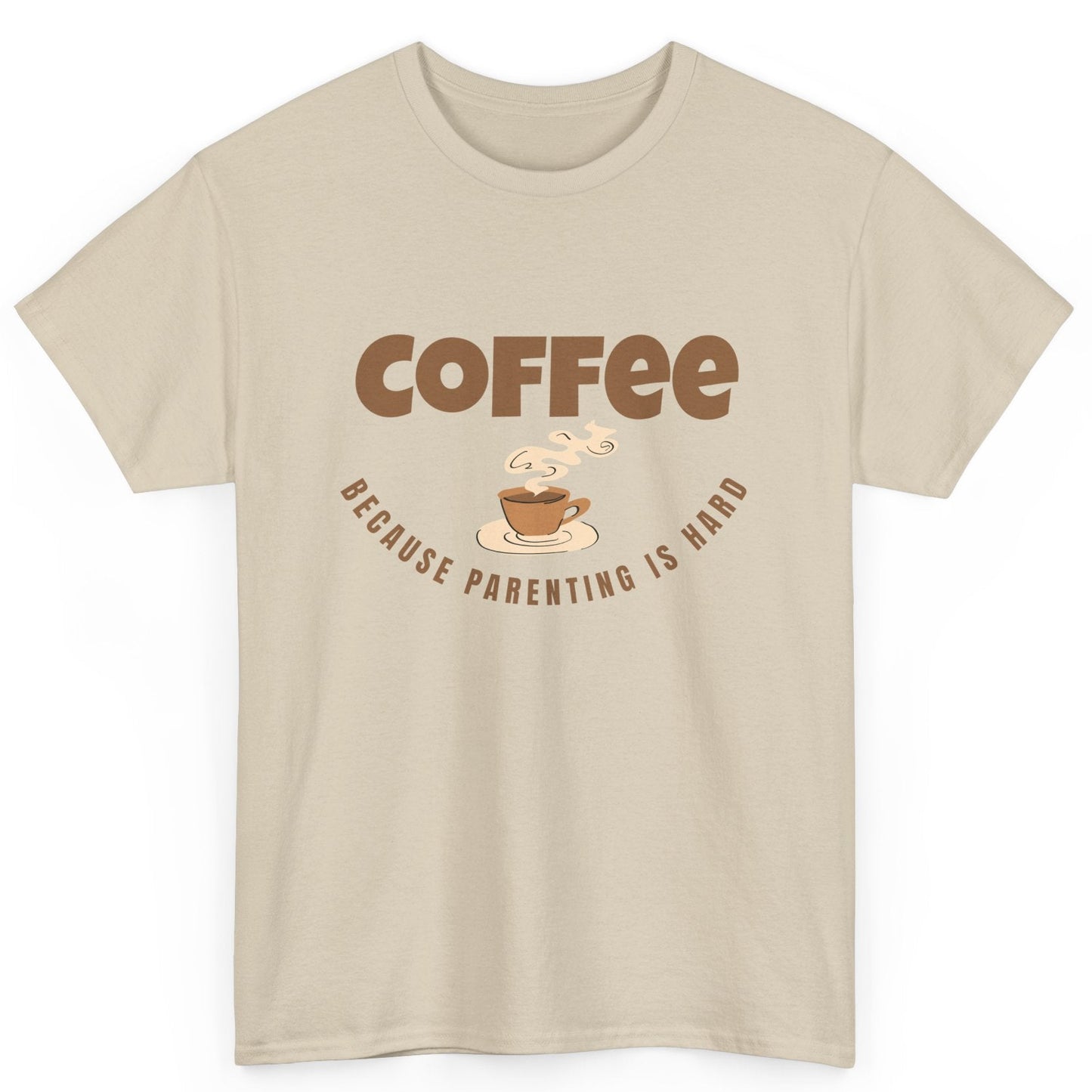 Beige t-shirt with 'Coffee because parenting is hard' text and graphic on a white background
