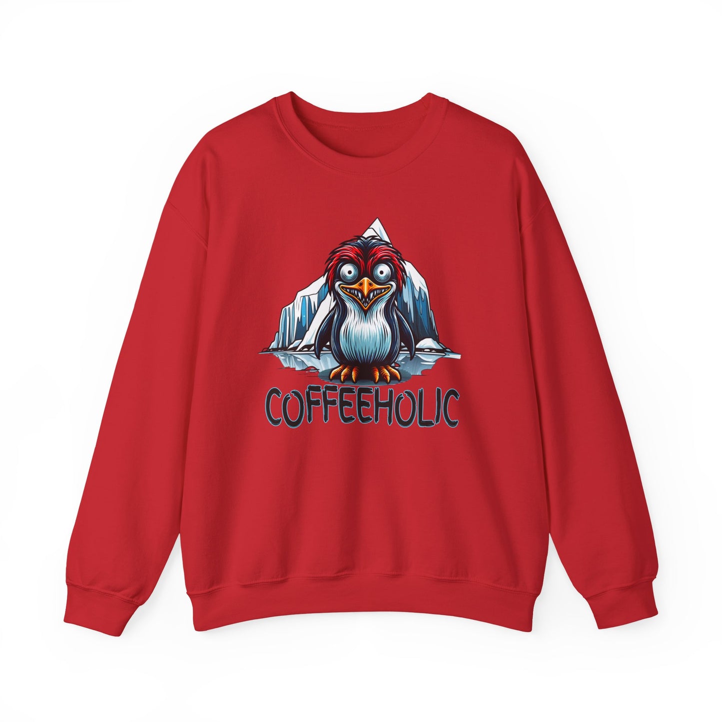 Red sweatshirt with a cartoon penguin and 'COFFEEHOLIC' text on a white background