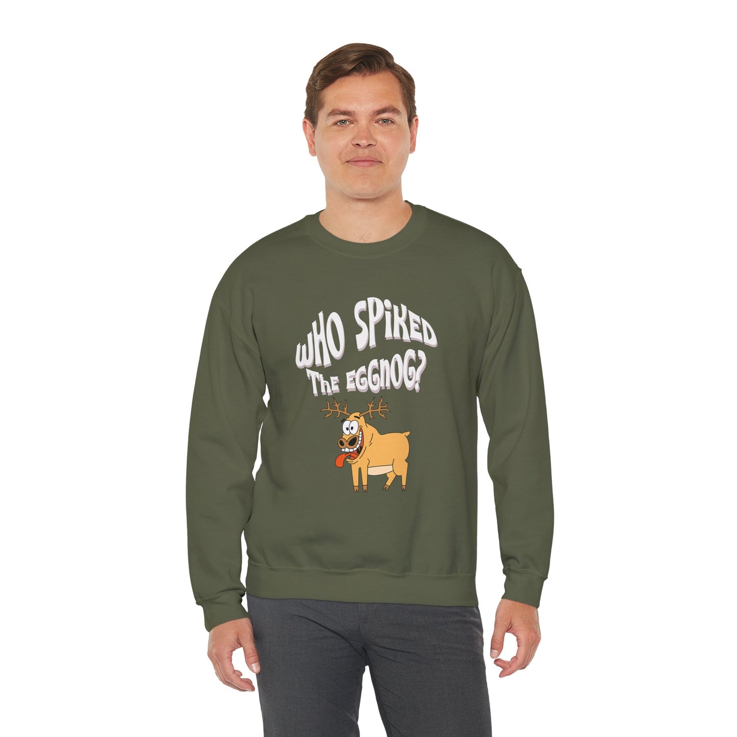 "Who Spiked the Eggnog?" Whimsical Holiday Crewneck Sweatshirt