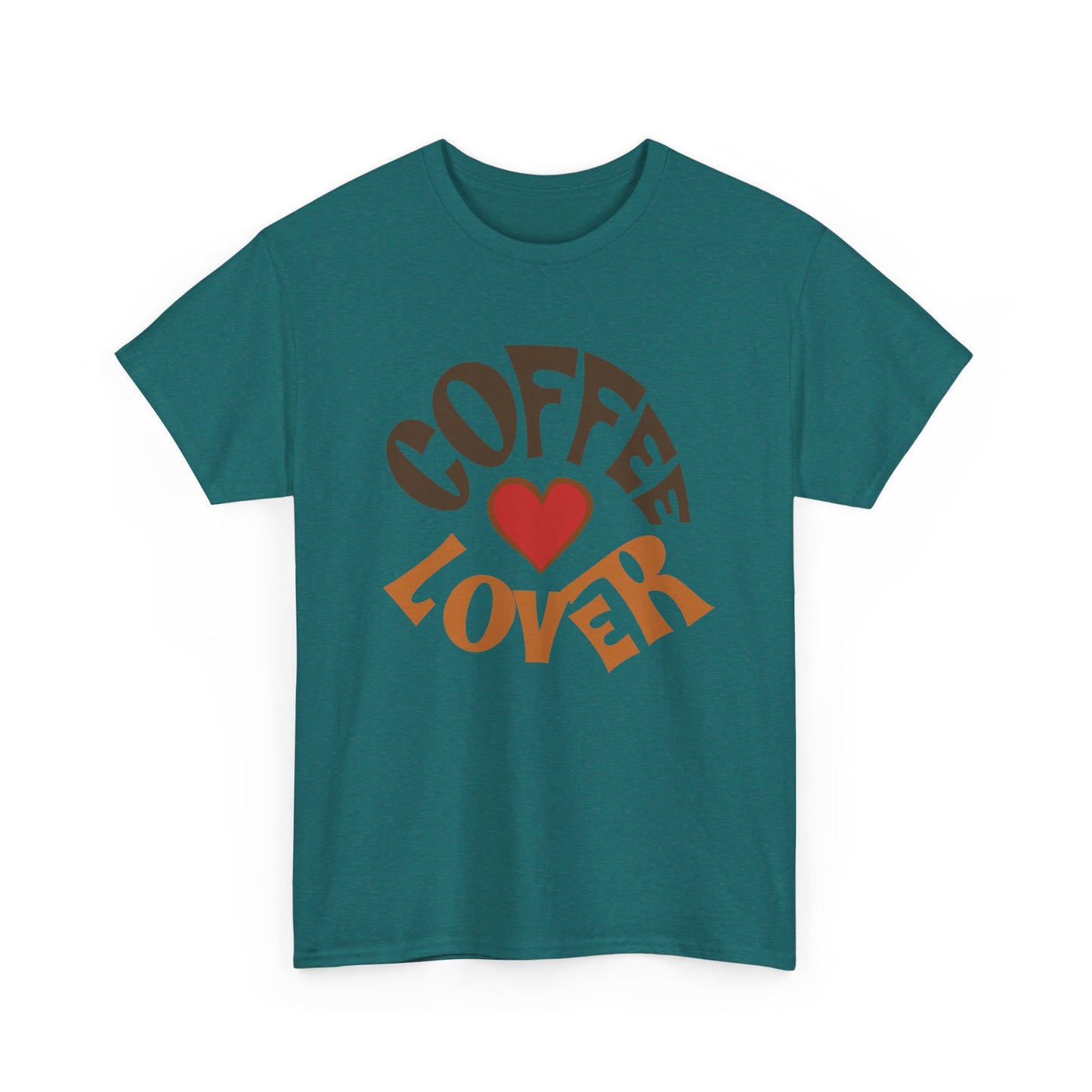 Teal t-shirt with 'Coffee Lover' text and a red heart on a white background