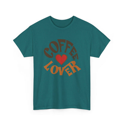Teal t-shirt with 'Coffee Lover' text and a red heart on a white background