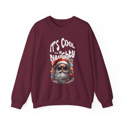 Maroon sweatshirt with a graphic of a Santa Claus and text 'It's Cool to be Naughty' on a white background at Java Good Coffee