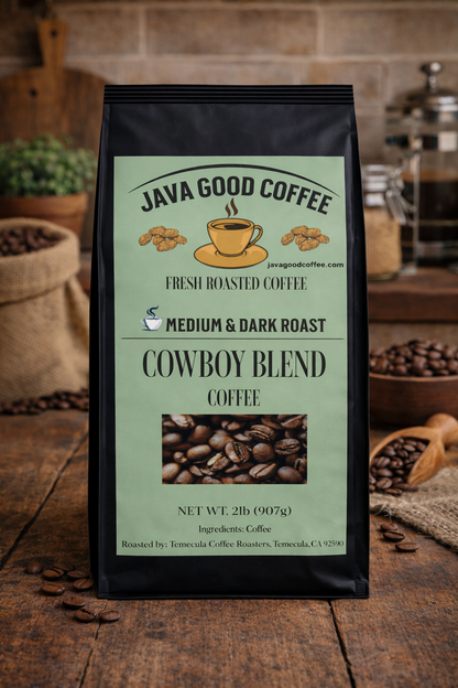 Java Good Coffee Cowboy Blend package on a wooden surface with coffee beans and a rustic background.