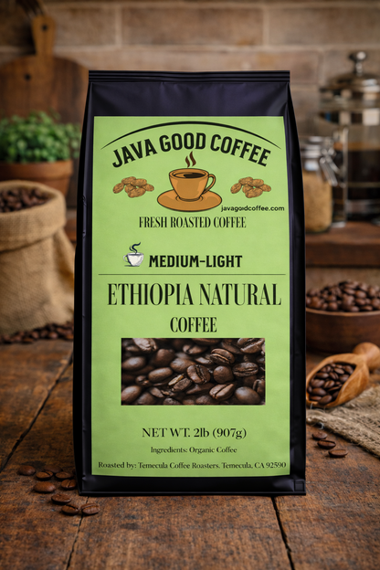 Java Good Coffee bag on a wooden surface with coffee beans and a rustic background