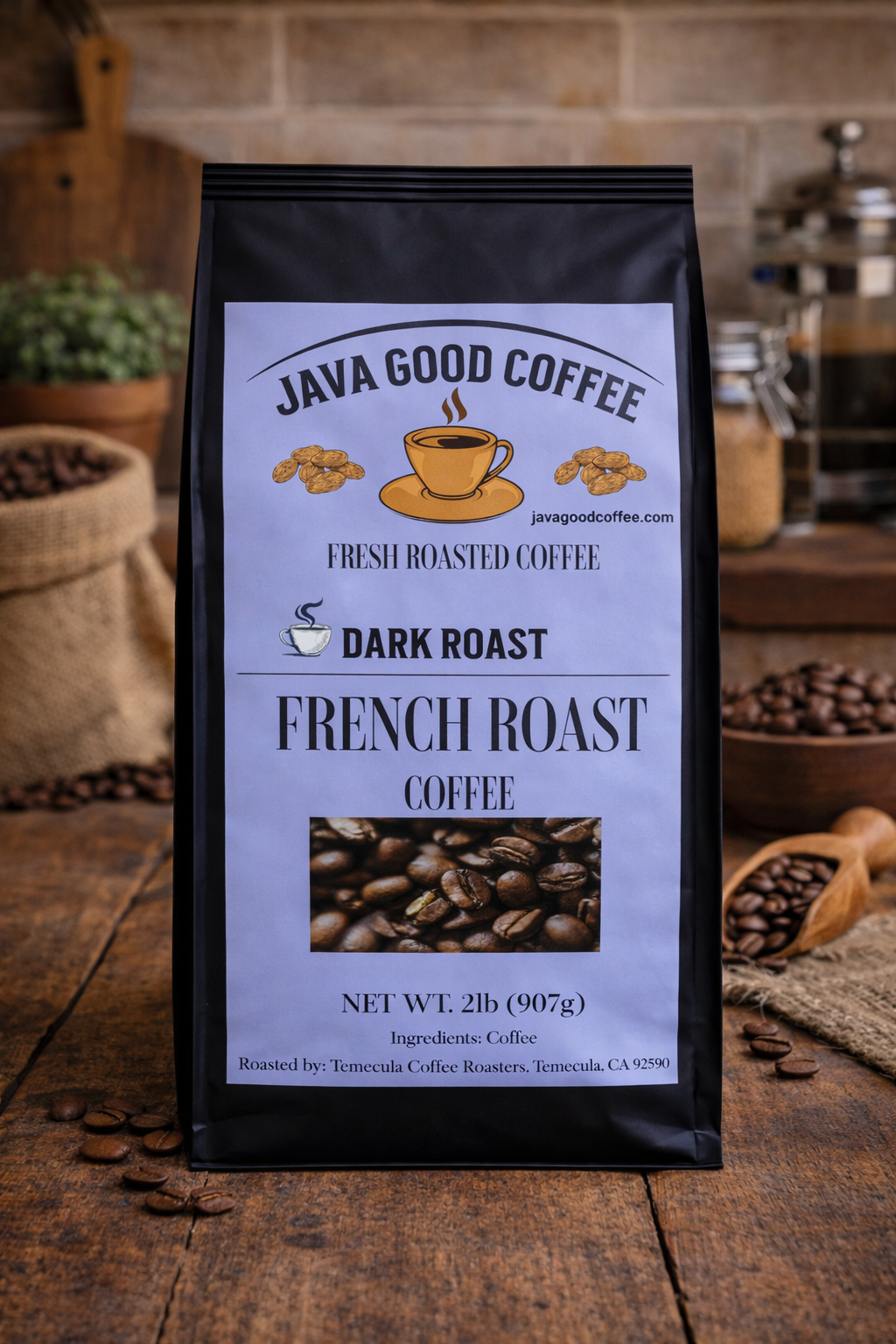 Java Good Coffee package on a wooden surface with coffee beans and a rustic background