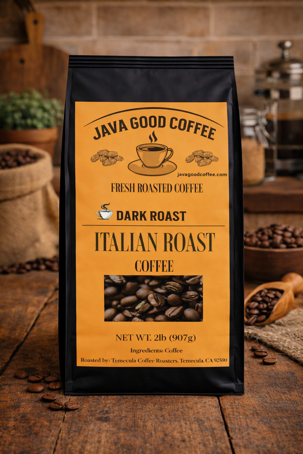 Java Good Coffee package on a wooden surface with coffee beans and a rustic background