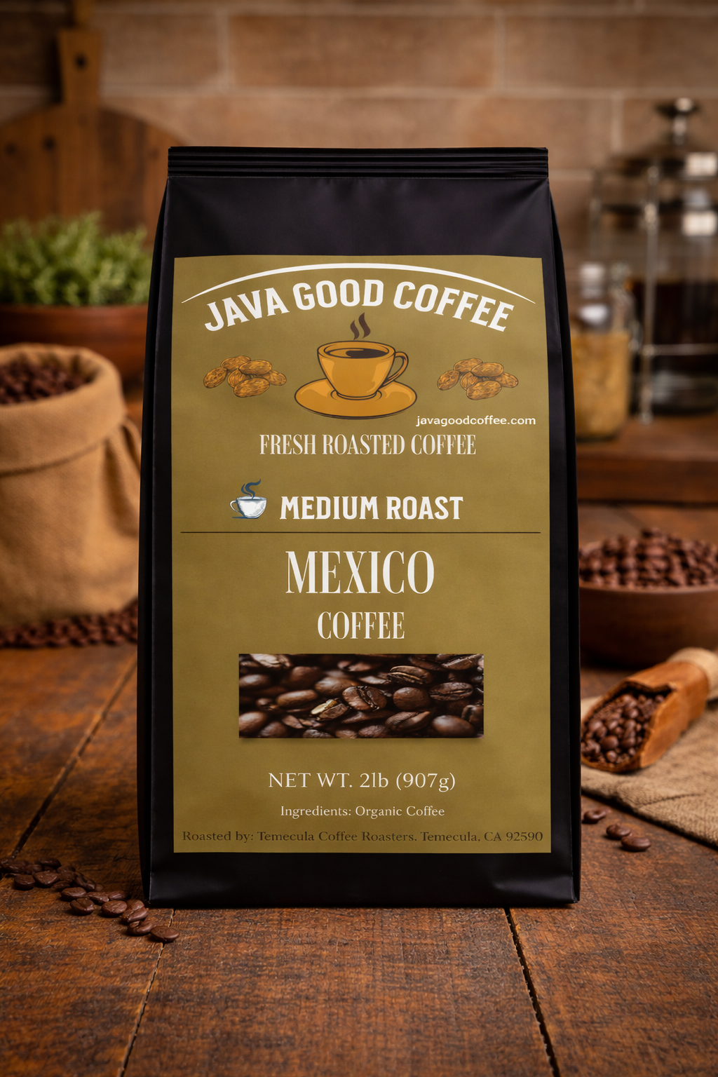 Java Good Coffee package on a wooden surface with coffee beans and equipment in the background