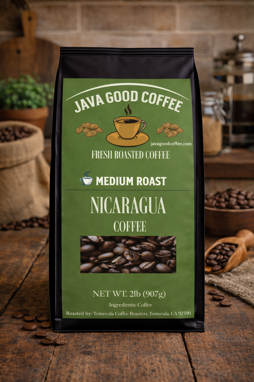 Java Good Coffee Nicaragua coffee bag on a wooden surface with coffee beans and a rustic background.