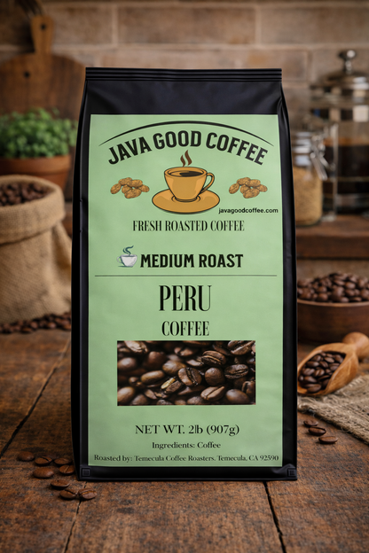 Java Good Coffee bag with green label on a wooden surface with coffee beans and a rustic background