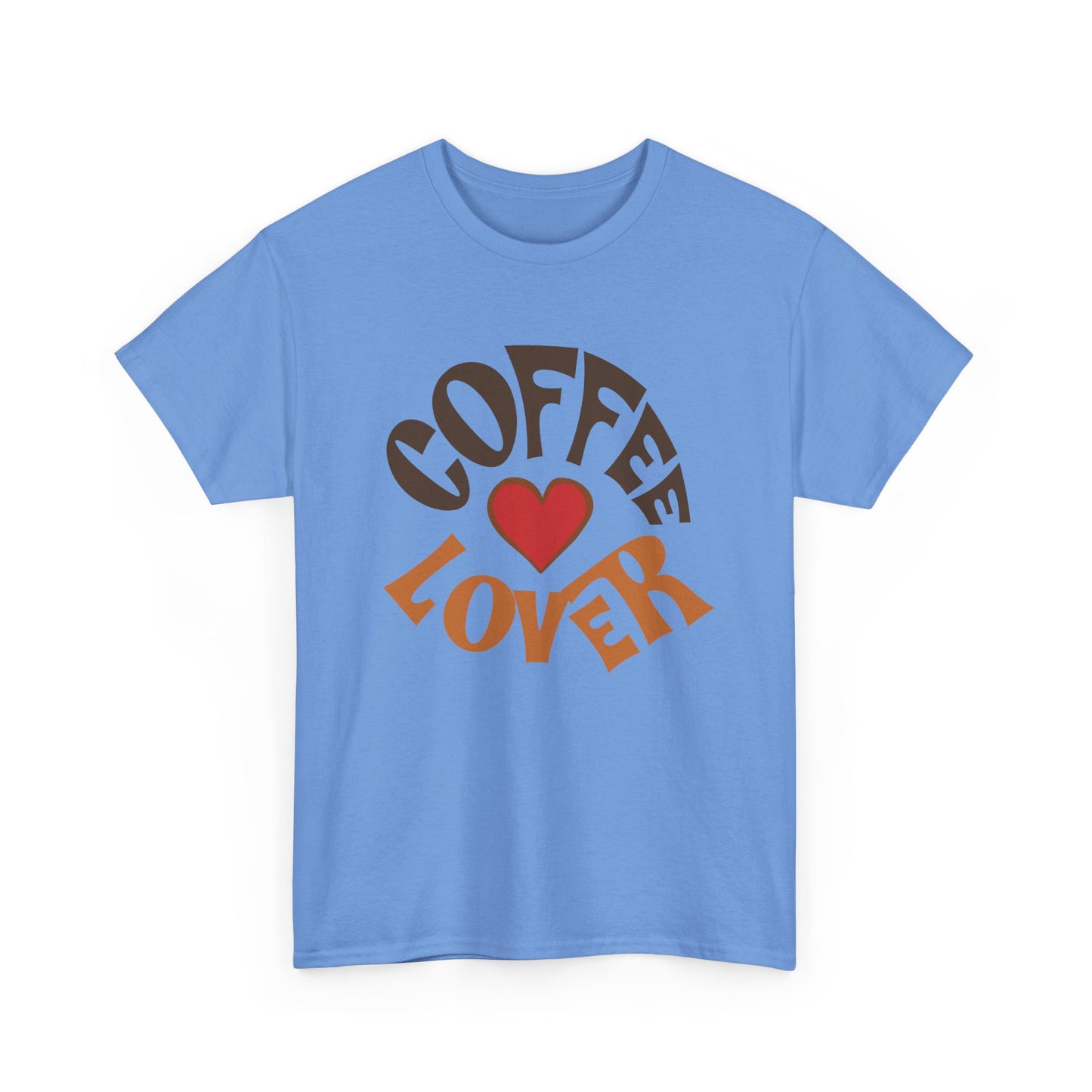 Blue t-shirt with 'Coffee Lover' text and heart graphic on a white background