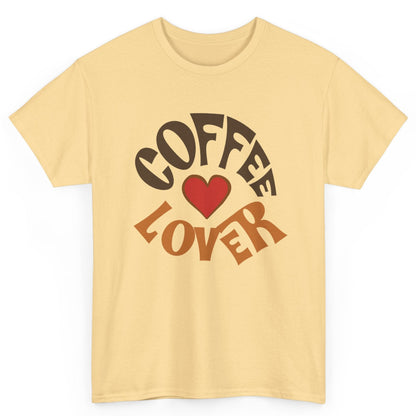 Beige t-shirt with 'Coffee Lover' text and heart graphic on a white background