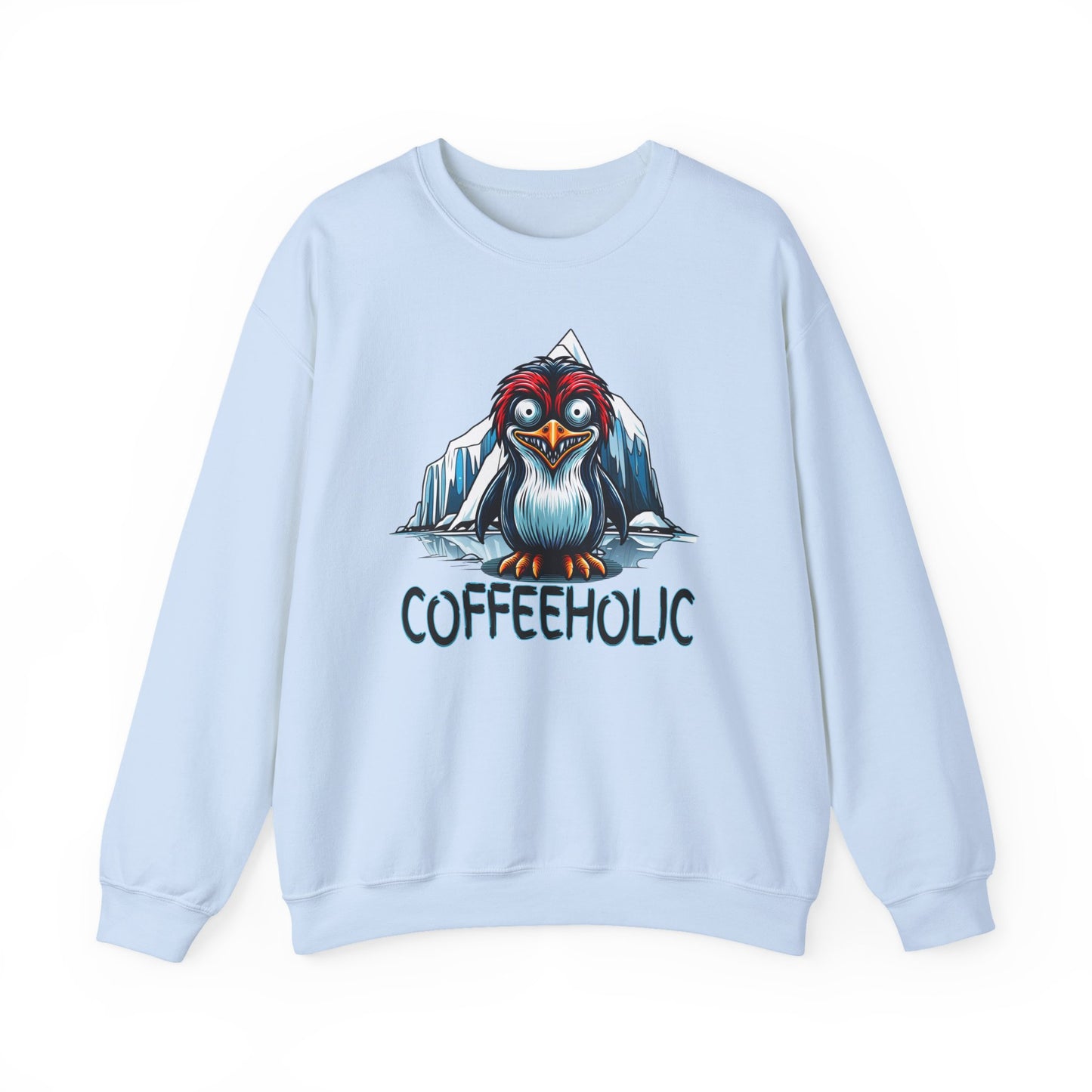 Light blue sweatshirt with a cartoon penguin and 'COFFEEHOLIC' text on a white background