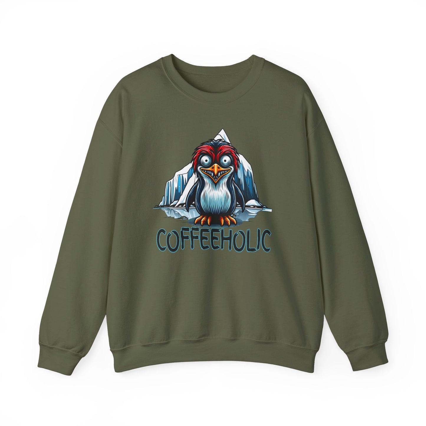 Green sweatshirt with a cartoon penguin and 'COFFEEHOLIC' text on a white background