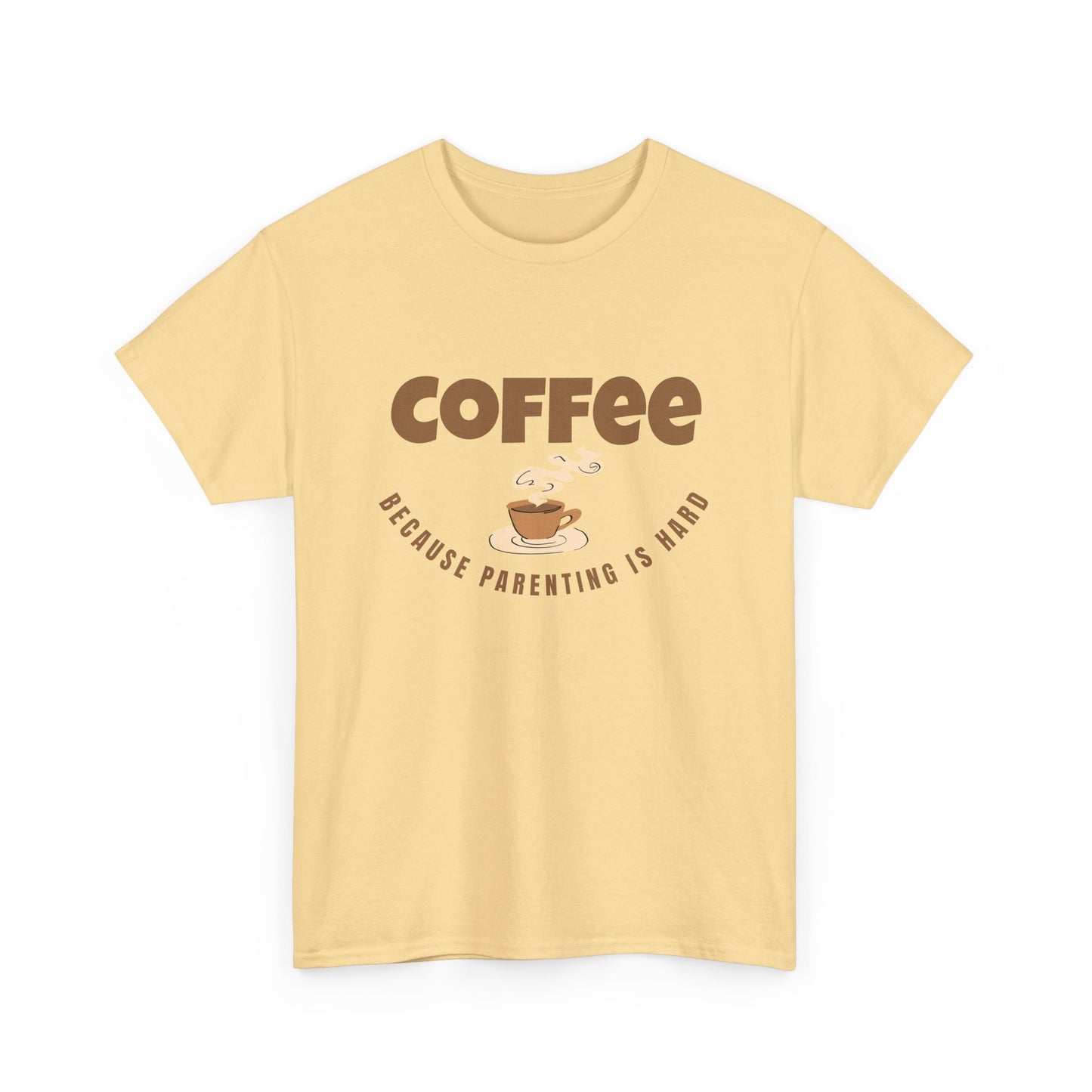 Yellow t-shirt with 'Coffee because parenting is hard' text on a white background
