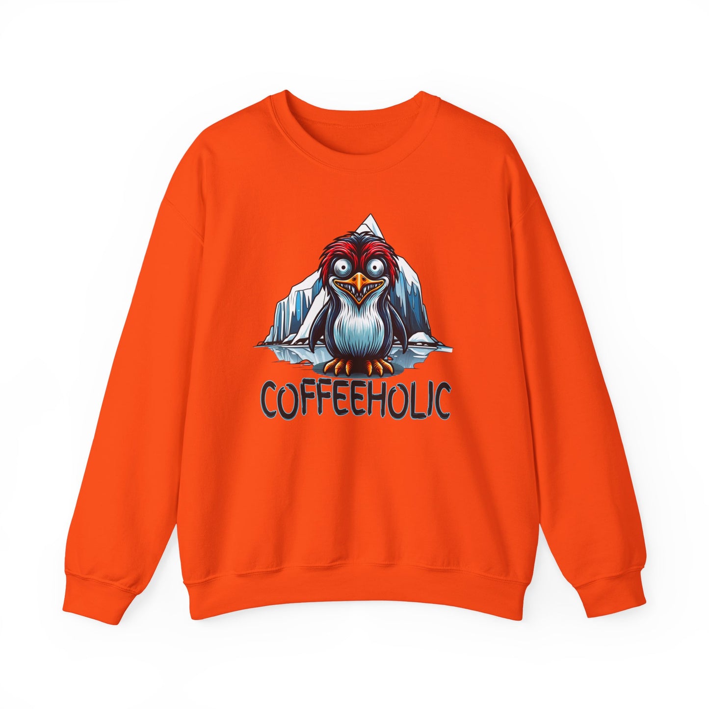Orange sweatshirt with a cartoon penguin and 'COFFEEHOLIC' text on a white background