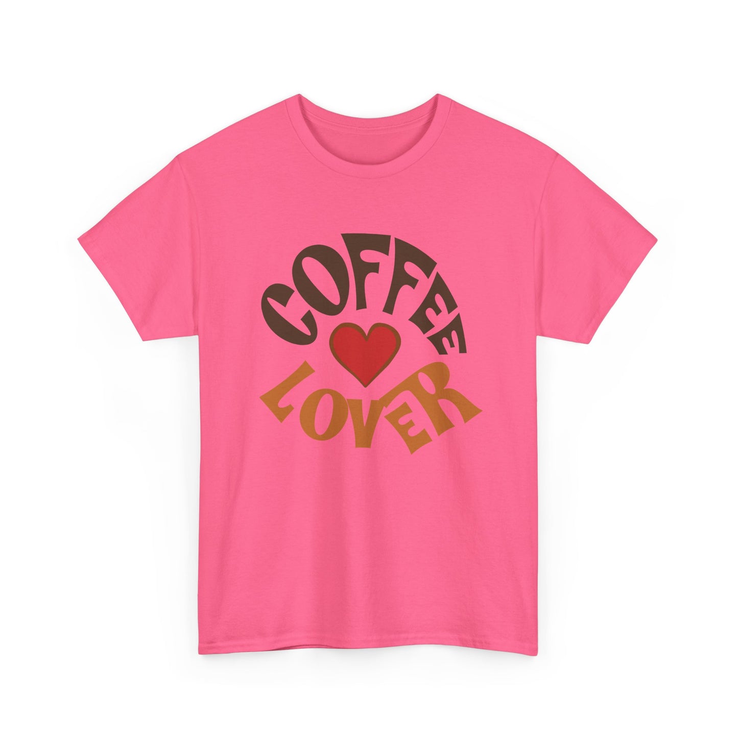 Pink t-shirt with 'Coffee Lover' text and heart design on a white background