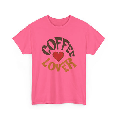 Pink t-shirt with 'Coffee Lover' text and heart design on a white background