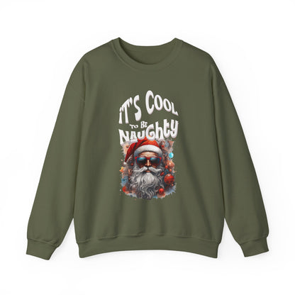 Green sweatshirt with a graphic of Santa Claus and text 'It's Cool to be Naughty' on a white background at Java Good Coffee