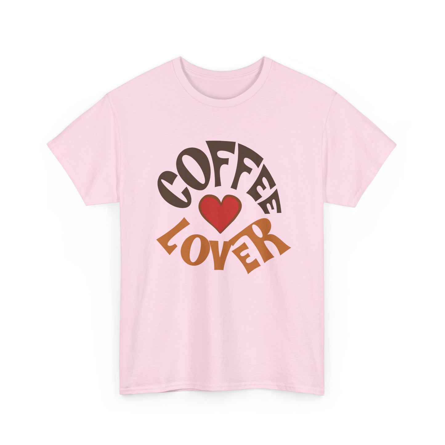Pink t-shirt with 'Coffee Lover' text and heart design on a white background