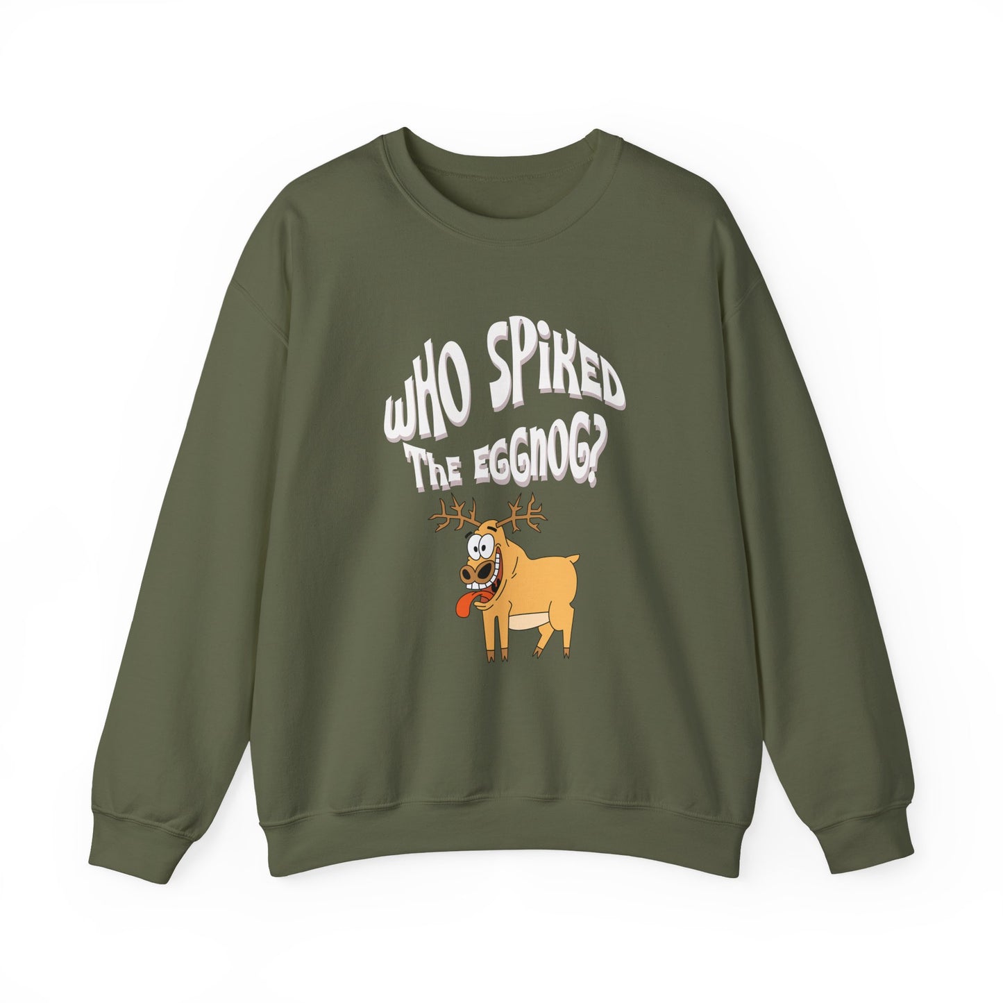 Green sweatshirt with cartoon dog and text 'Who Spiked the Eggnog?' on a white background at Java Good Coffee